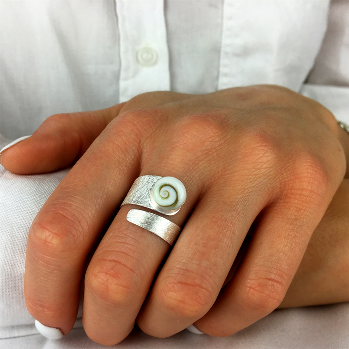 Sterling silver Shiva Eye shell wrap ring — satin finish adjustable band
