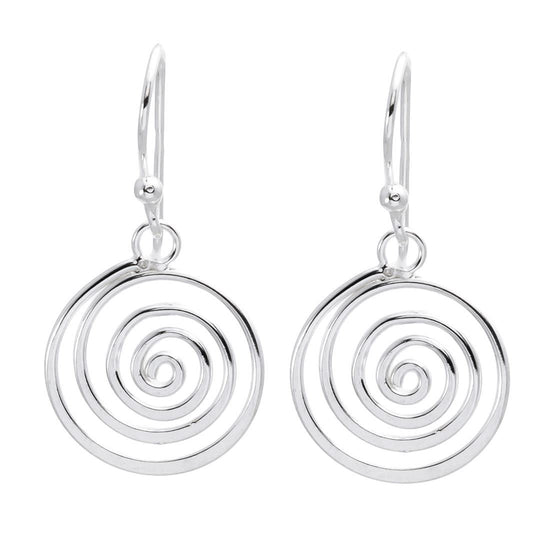 Sterling Silver Round  Spiral Disc Dangle Earrings Swirl Drop Design