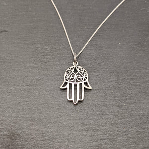 
                  
                    Sterling Silver Cut-Out Filigree Hamsa Fatima Hand Pendant Necklace
                  
                