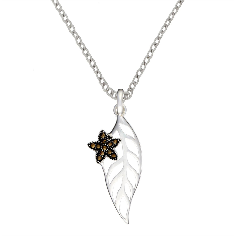 Sterling Silver Marcasite Flower & Cut-Out Leaf Pendant Necklace