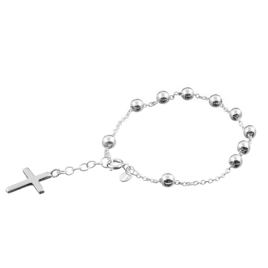 Sterling Silver Rosary Cross Beaded Ball Cable Chain Bracelet