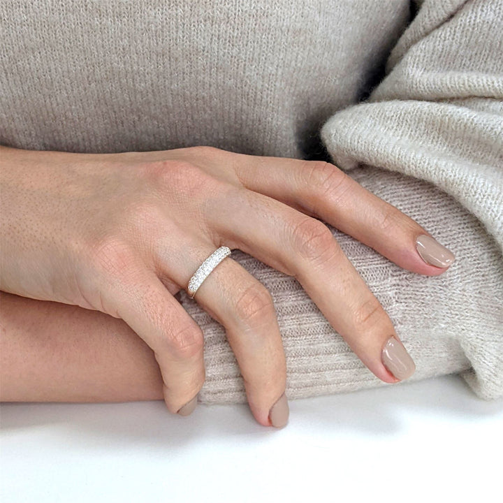 Sterling Silver Pave CZ Thick Half Eternity 3 Lines Ring - Silverly