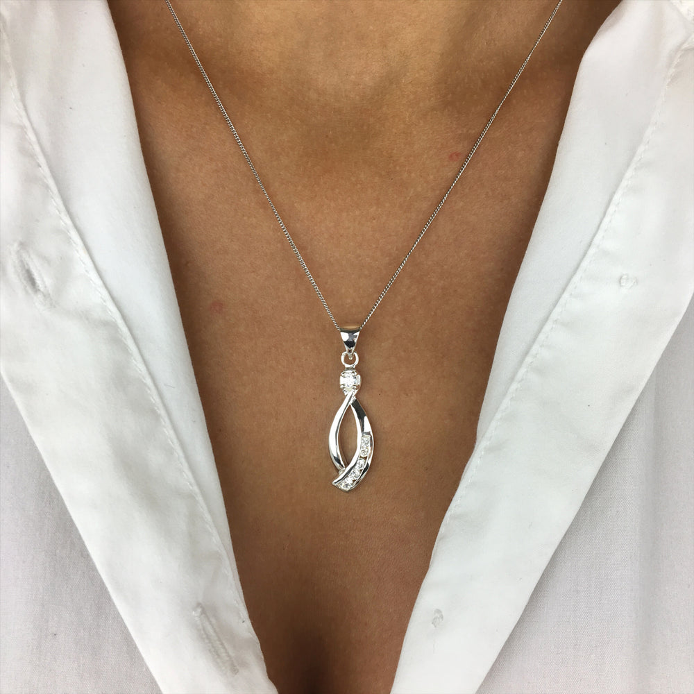 
                  
                    Sterling Silver Cubic Zirconia Infinity Ribbon Drop Pendant Necklace
                  
                