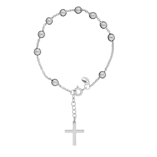 Sterling Silver Rosary Cross Beaded Ball Cable Chain Bracelet