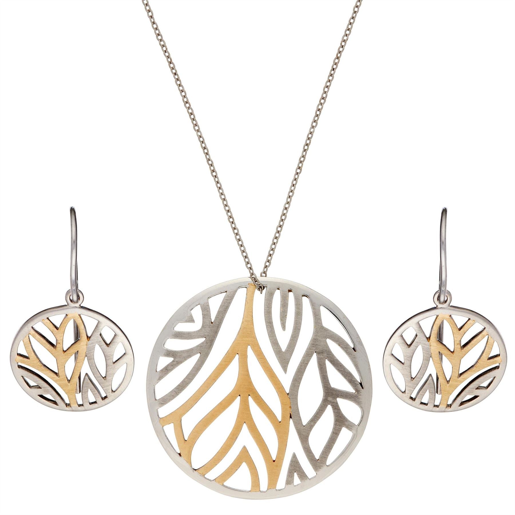 Plated Sterling Silver Brushed Round Cut Out Leaf Jewellery Set