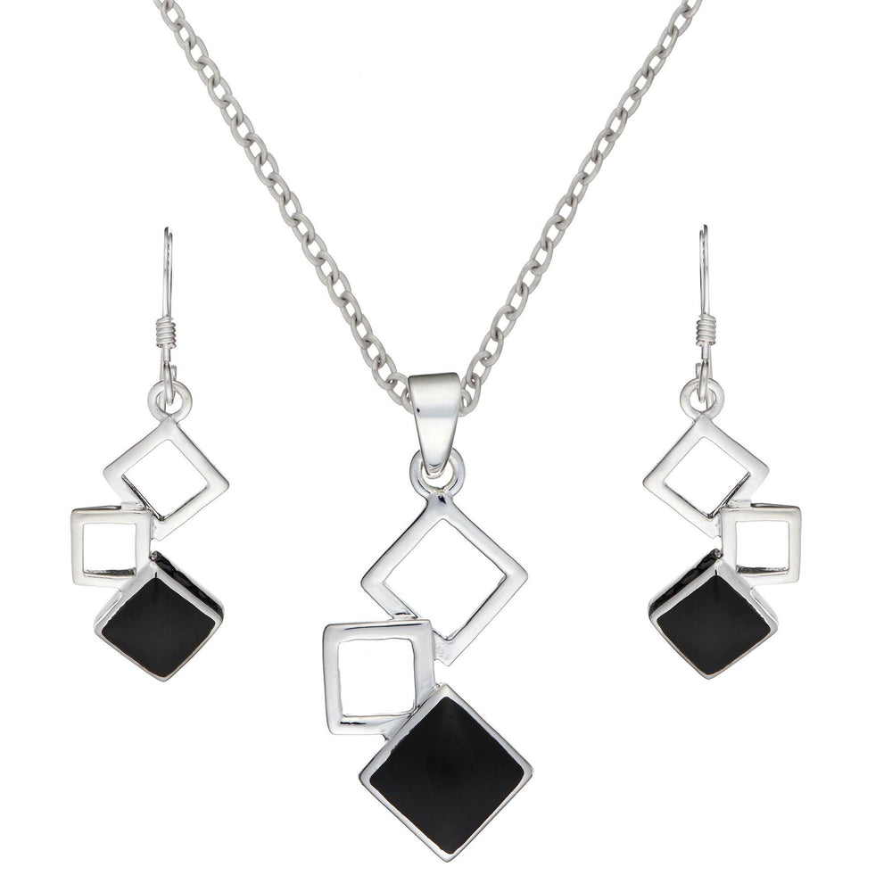 Sterling Silver Onyx Modern Cut-Out Square Geometric Jewellery Set