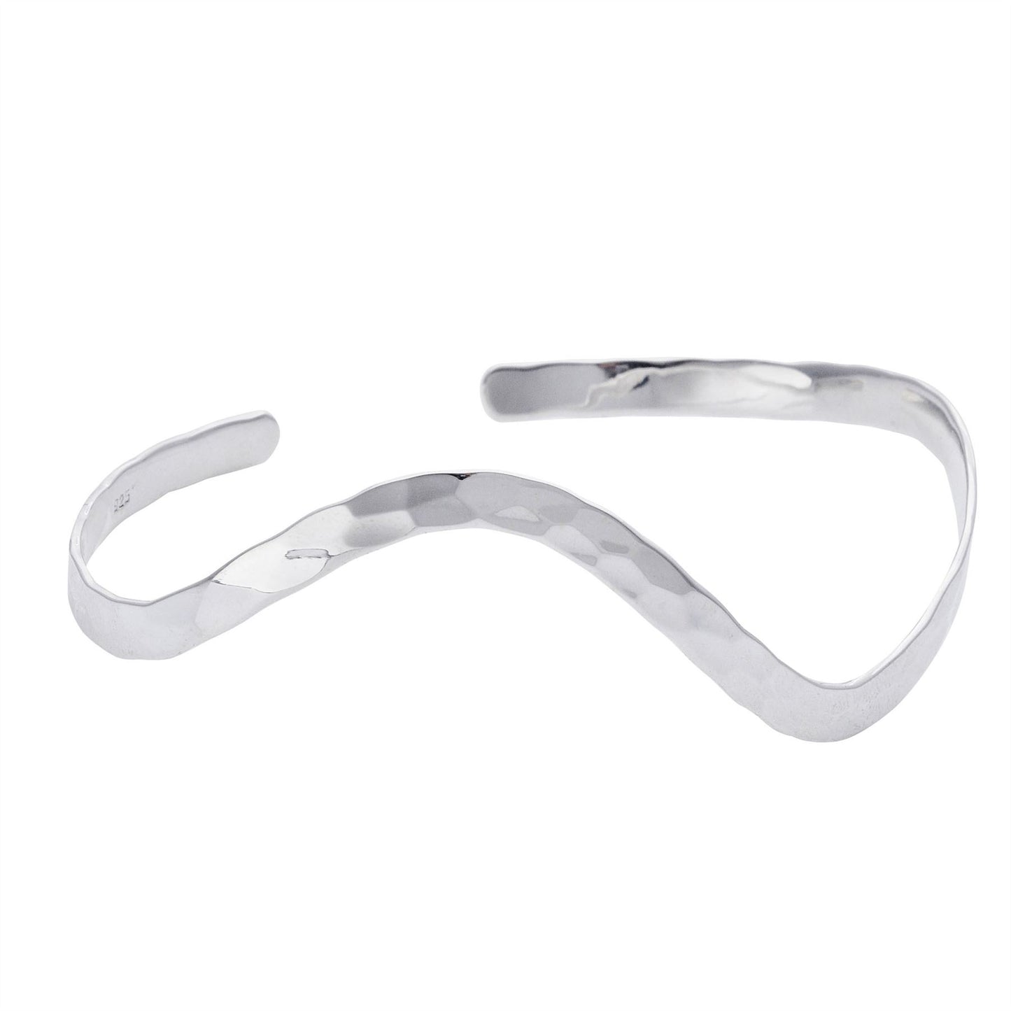 925 sterling silver hammered wave bangle — 4mm adjustable curved cuff bracelet