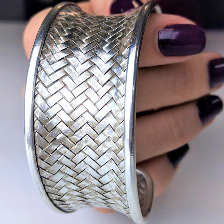 Karen Hill Tribe silver wide cuff bangle — adjustable Thai artisan bracelet