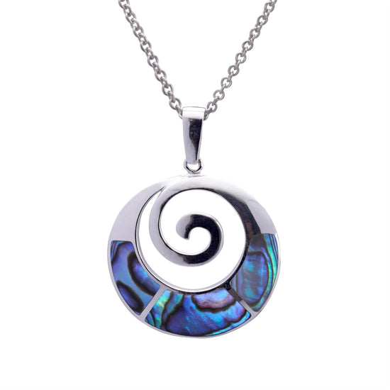 Sterling Silver Abalone Modern Large Round Spiral Pendant Necklace