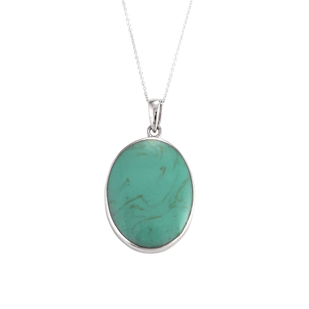 Sterling Silver Turquoise Large Oval Pendant Necklace Curb Chain