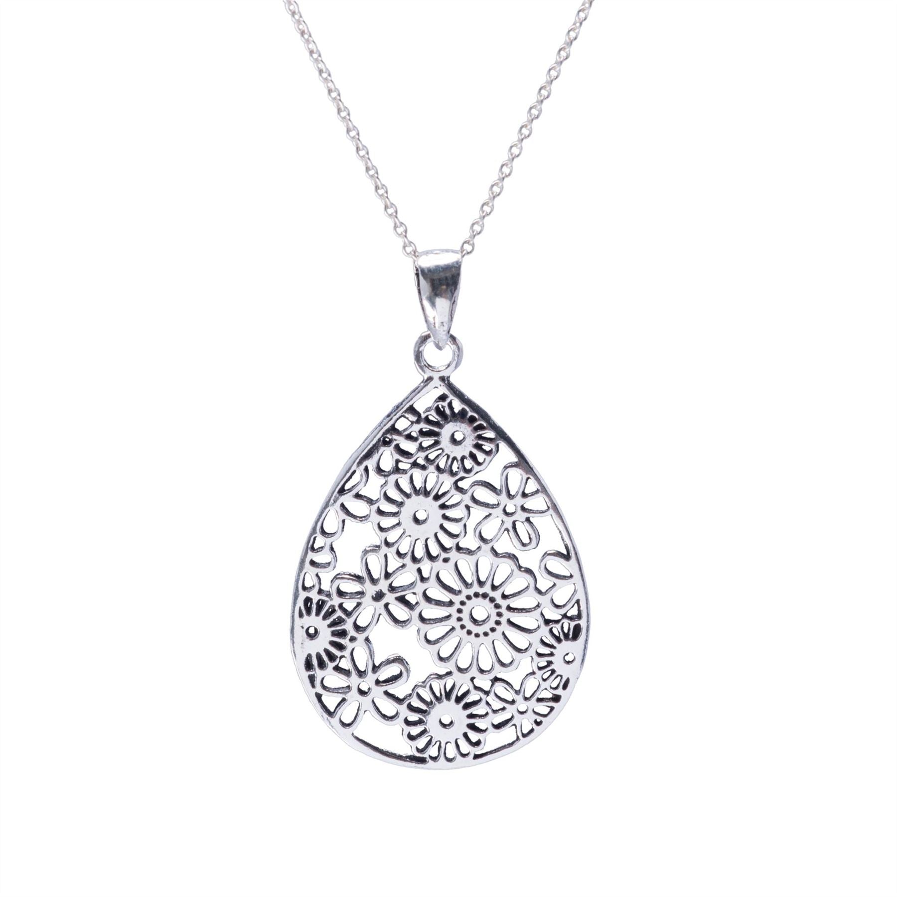 Sterling Teardrop Shaped 60s Flower Filigree Pendant Necklace