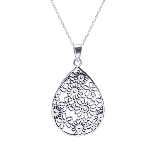 Sterling Silver Teardrop Shaped 60s Flower Filigree Pendant Necklace