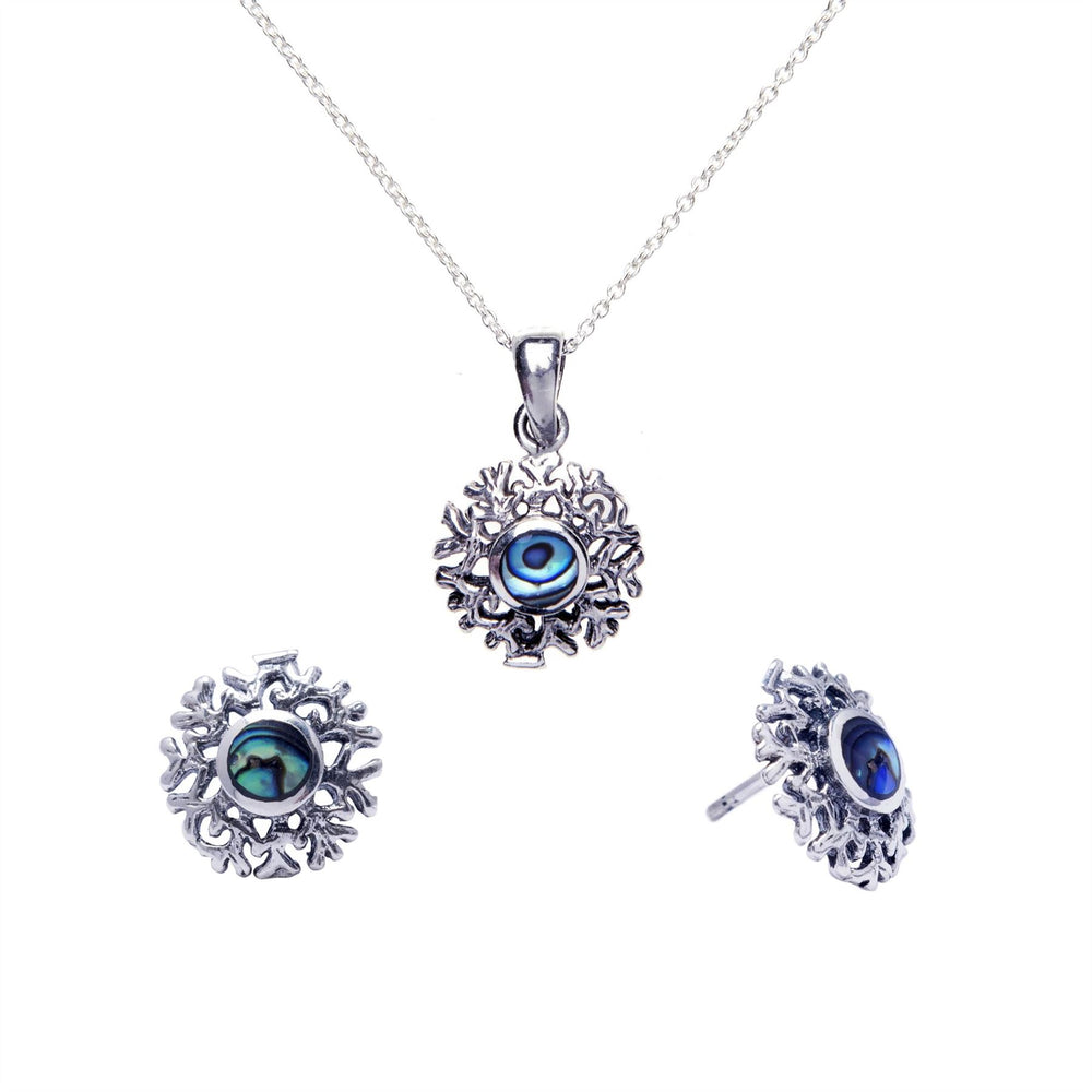 Sterling Silver Abalone Snowflake Earrings Necklace Jewellery Set