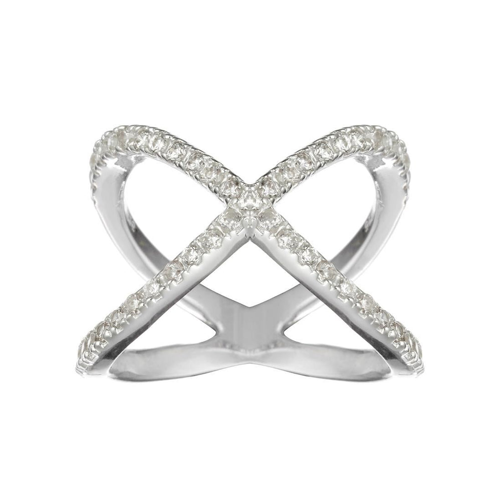 Sterling Silver 'X' Criss Cross Cubic Zirconia Long Engagement Ring - Silverly