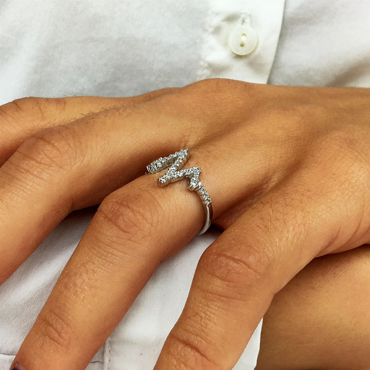Sterling Silver Clear Cubic Zirconia Heart Beat Zig Zag Ring - Silverly