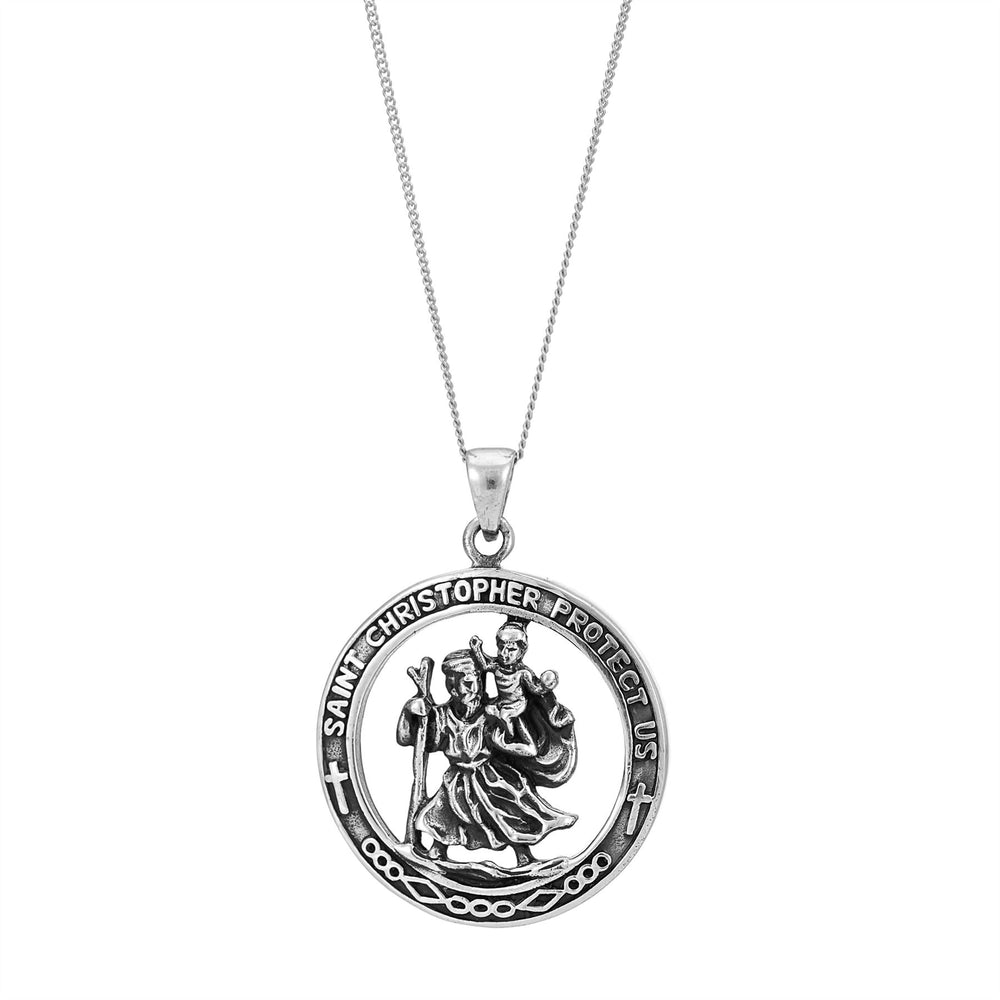 Sterling Silver Large Round Detailed St Christopher Pendant Necklace