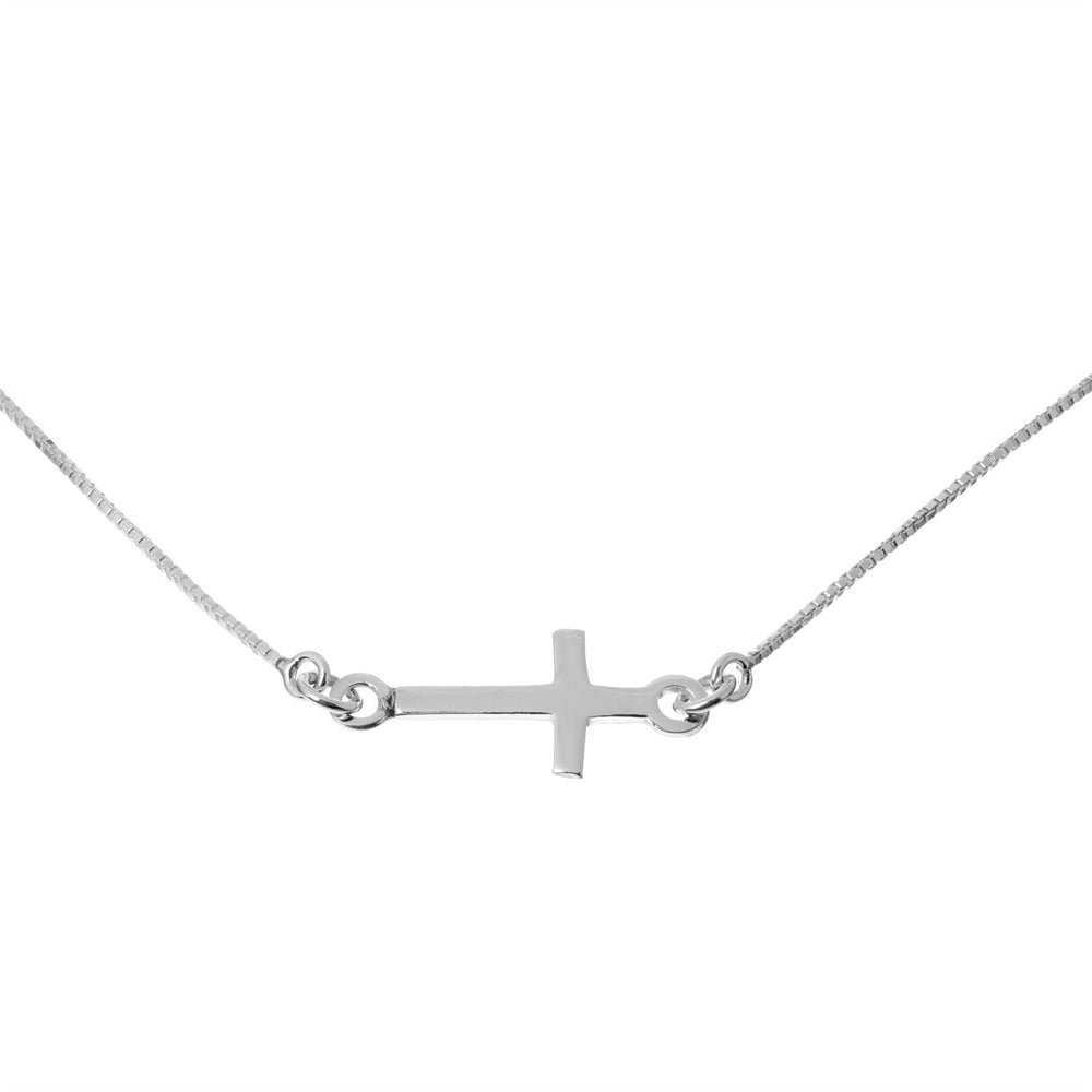 Sterling Silver Simple Horizontal Cross Thin Box Chain Necklace 18.5