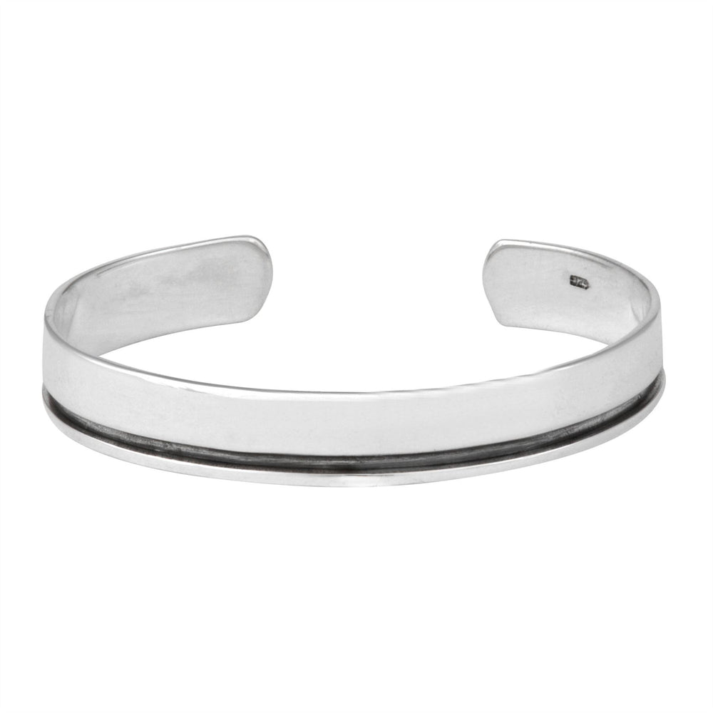 Sterling Silver Wide Flat Bangle Cuff Bracelet With Black Groove