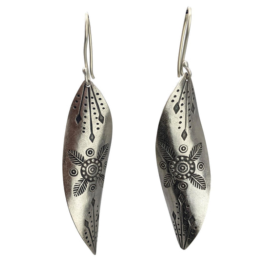 Hill Tribe Silver Long Leaf Shaped Tribal Motif Drop Earrings