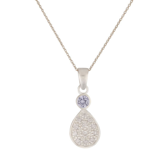 Sterling Silver Pave Set Cubic Zirconia Pear Teadrop Pendant Necklace