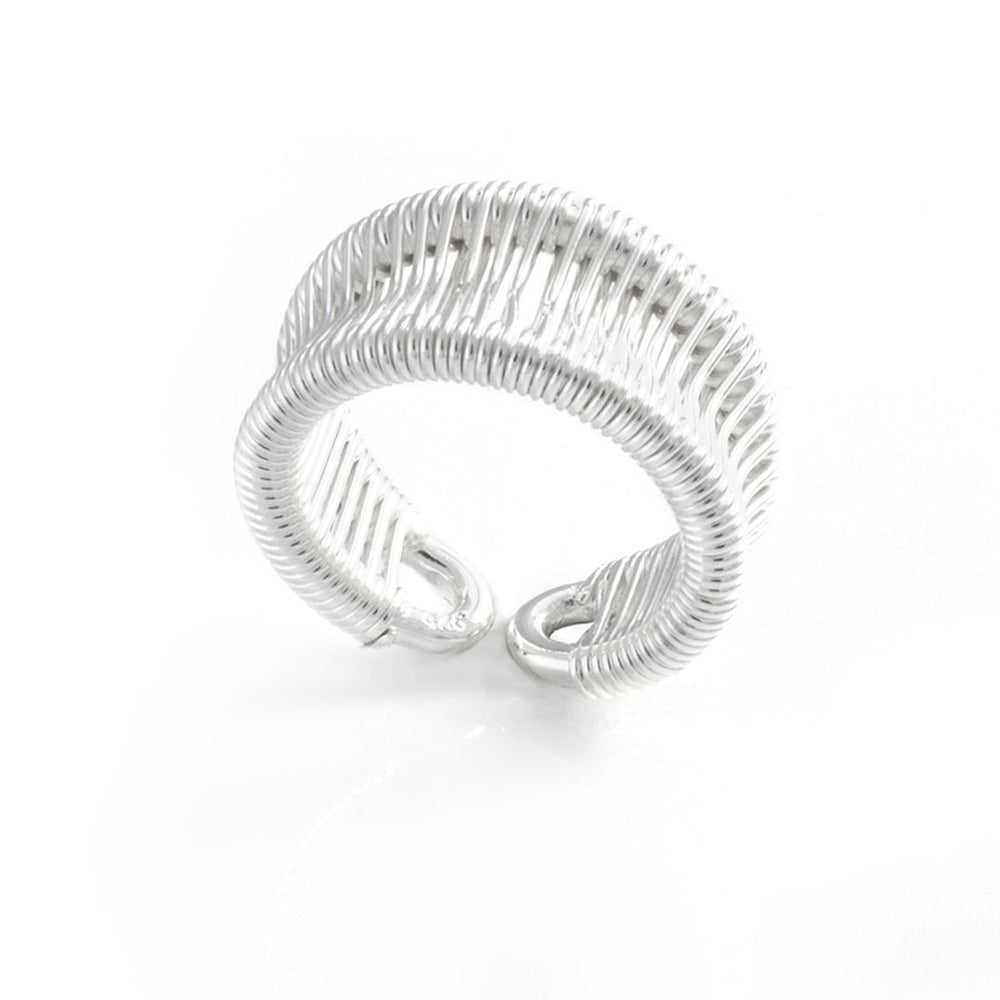 Sterling Silver Concave Wide Wire Adjustable Ring Statement Band