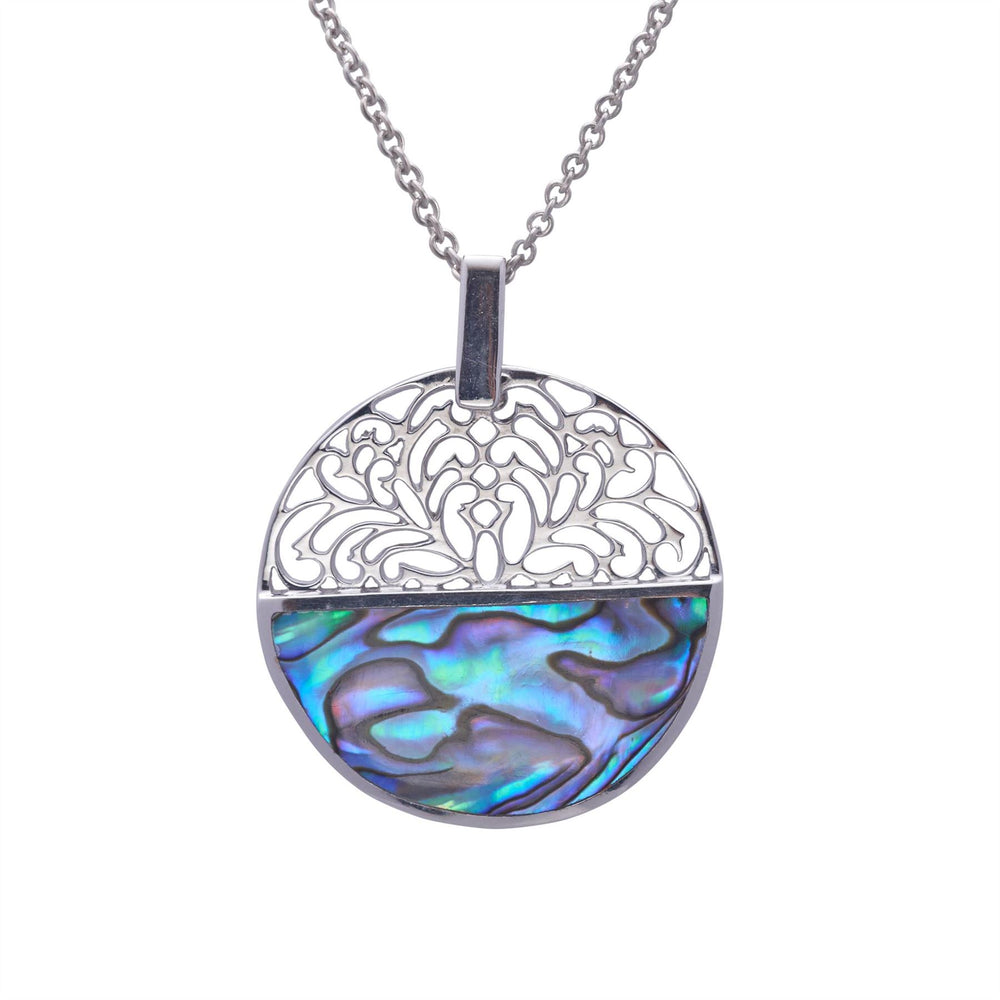 Sterling Silver Abalone Large Round Flower Filigree Pendant Necklace