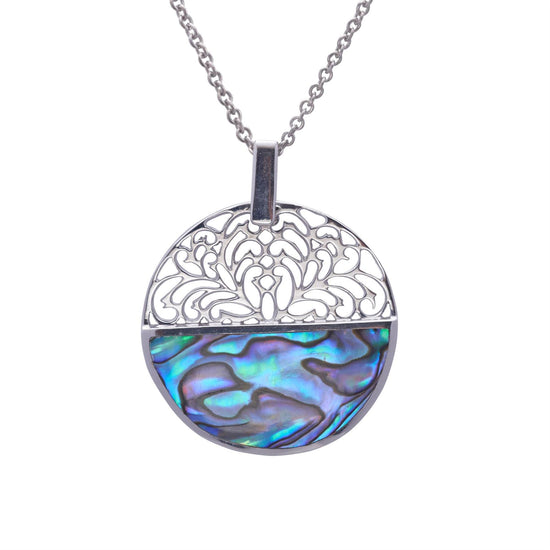 Sterling Silver Abalone Large Round Flower Filigree Pendant Necklace