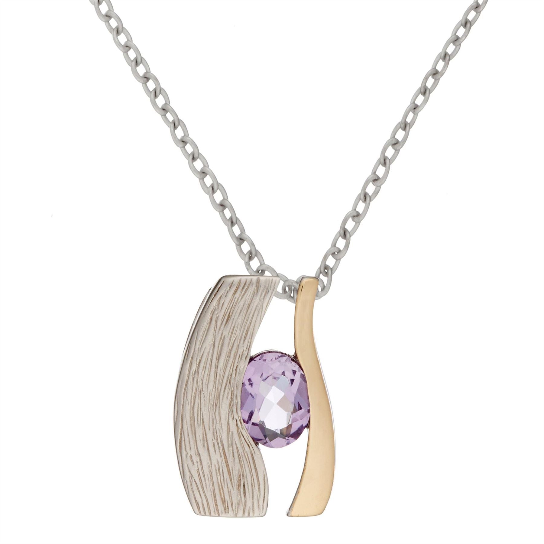 Plated Sterling Silver Brushed Amethyst Eye Pendant Necklace Two Tone