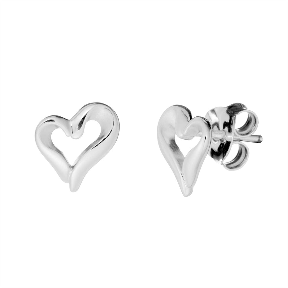 Sterling Silver Brushed & Polished Curved Open Heart Stud Earrings