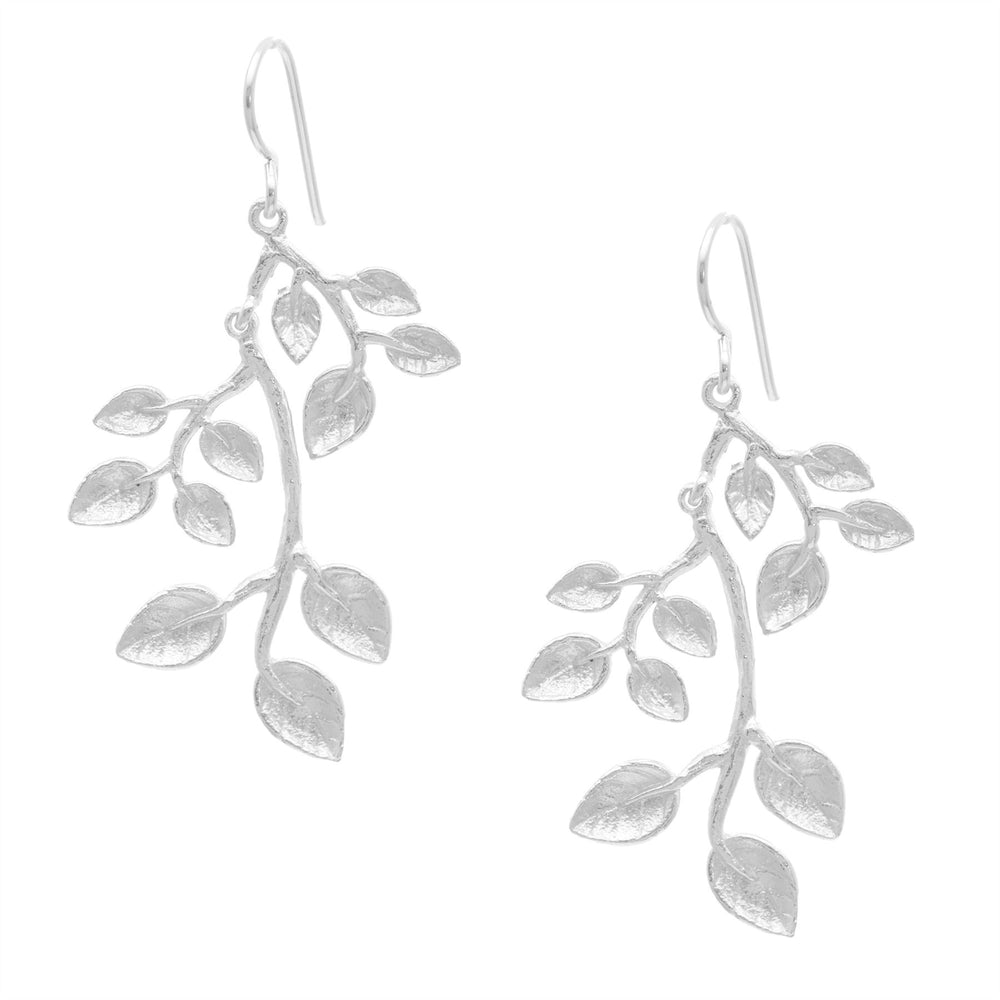 Sterling Silver Satin Finish Vine Branch Leaf Dangle Earrings