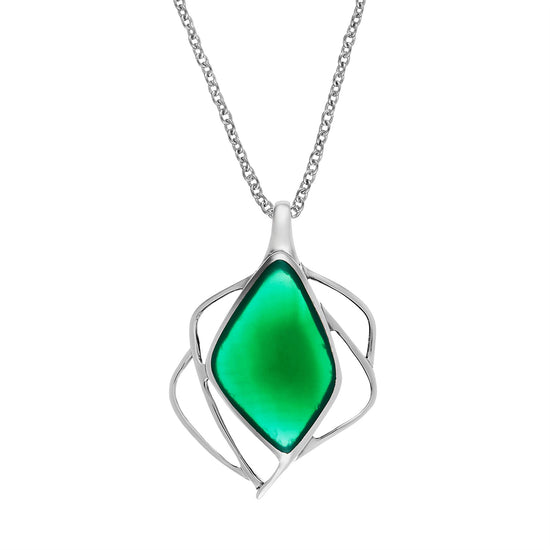 Sterling Silver Green Agate Modern Unique Geometric Pendant Necklace