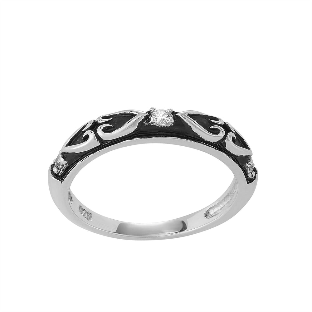 Sterling Silver Oxidised Cubic Zirconia Heart Pattern Gothic Ring