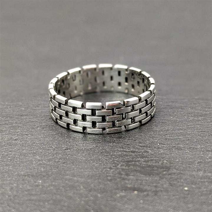 Sterling Silver Brick Pattern Stone Wall Band Ring - Silverly