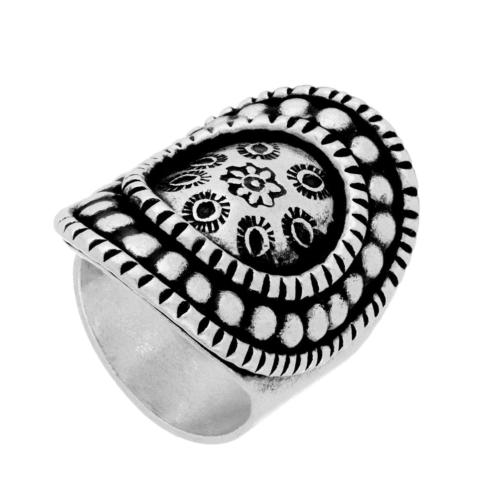 
                  
                    Hill Tribe Silver Wide Disc Engraved Flower Motif Adjustable Shield Ring
                  
                