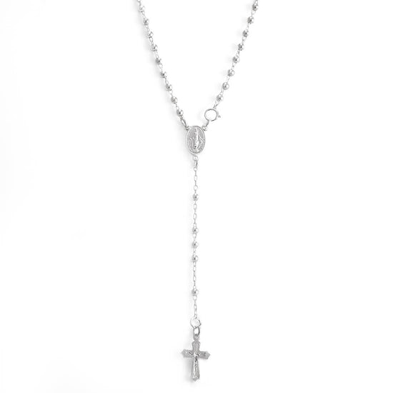 A sterling silver rosary necklace with a Virgin Mary charm and a crucifix pendant, featuring a beaded ball chain.