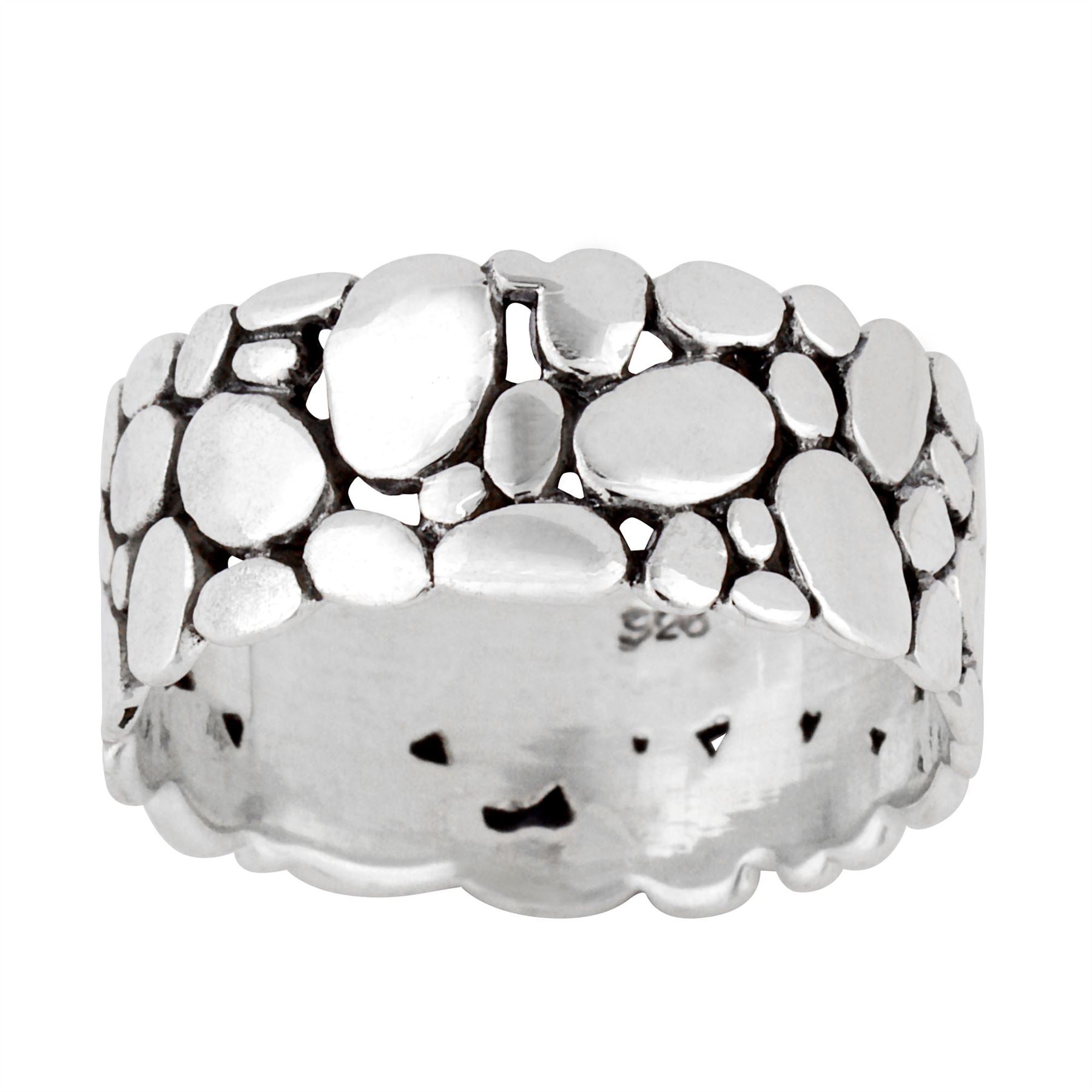 Sterling Wide Unique Beach Pebble Stone Wall Band Ring