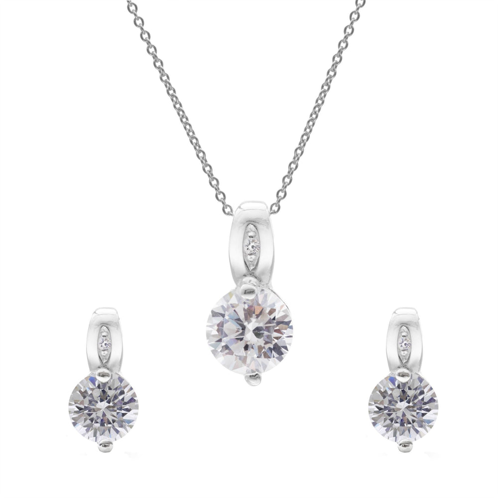Sterling Silver Round Cubic Zirconia Drop Studs Necklace Jewellery Set