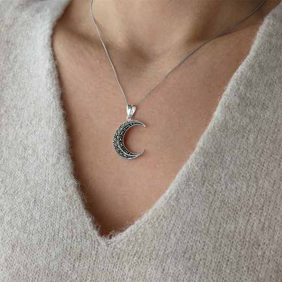 Sterling Silver Marcasite Crescent Moon Pendant - Celestial Necklace