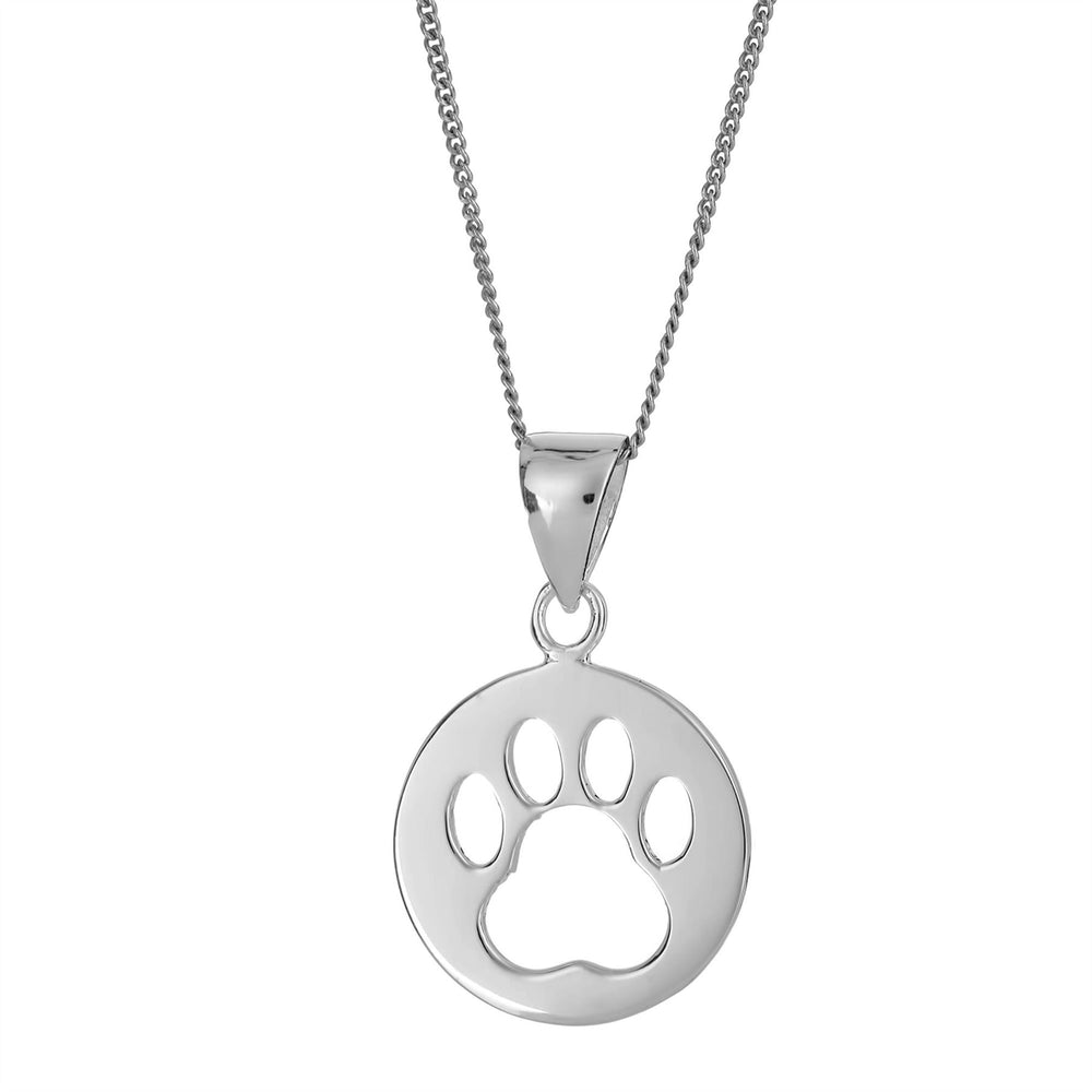 Sterling Silver Round Coin Flat Cut-Out Dog Cat Paw Pendant Necklace