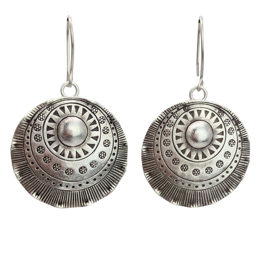 Hill Tribe Silver Statement Round Disc Tribal Motif Earrings