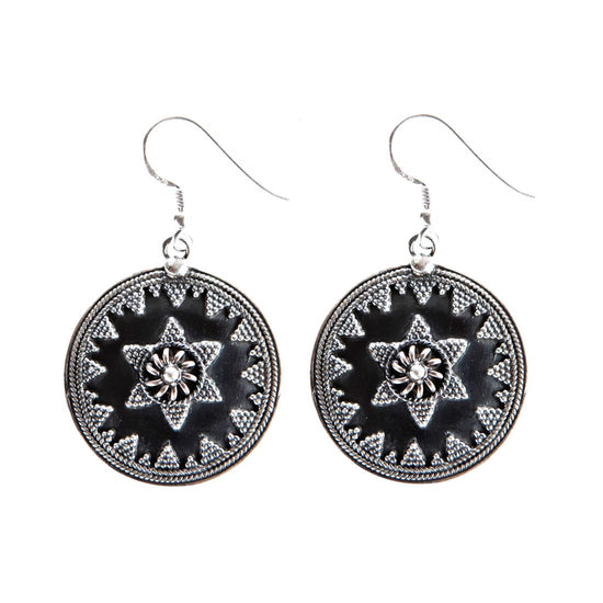 Sterling Silver Oxidised Round Disc Boho Dotwork Dangle Earrings