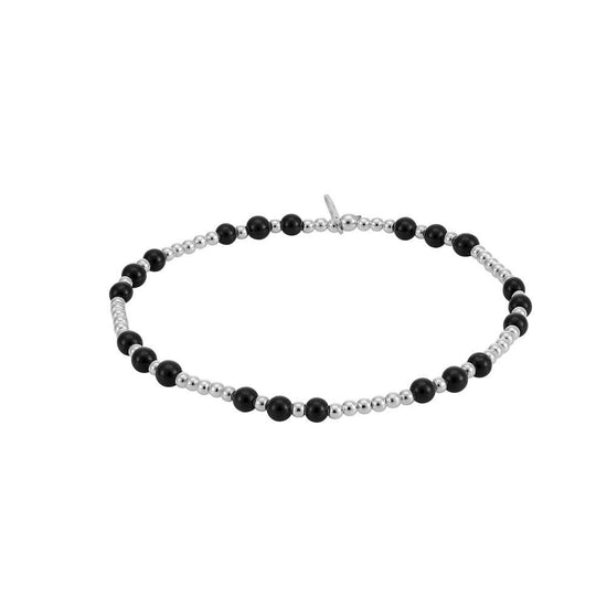 Sterling Silver Beaded Stretch Bracelet With Black Beads