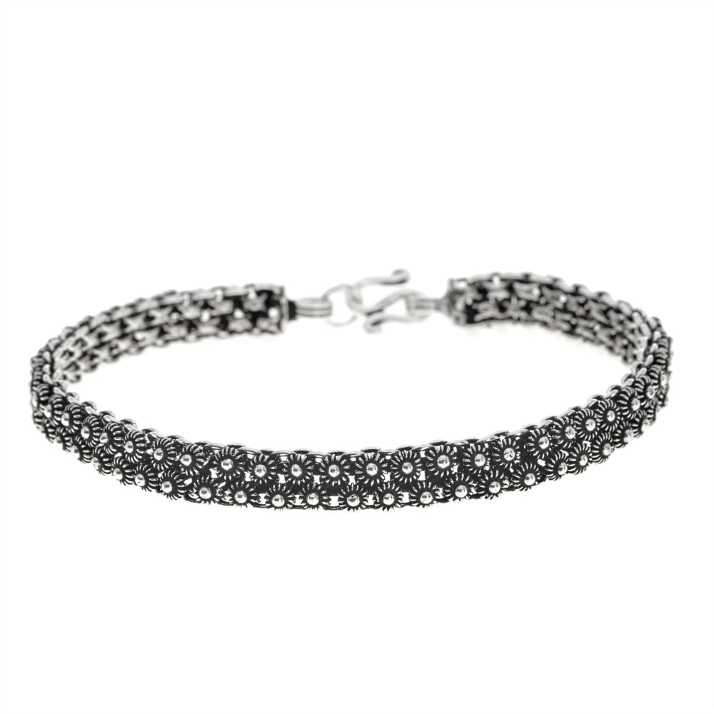 Sterling Silver Oxidised Vintage Style Flower Bead Chain Bracelet