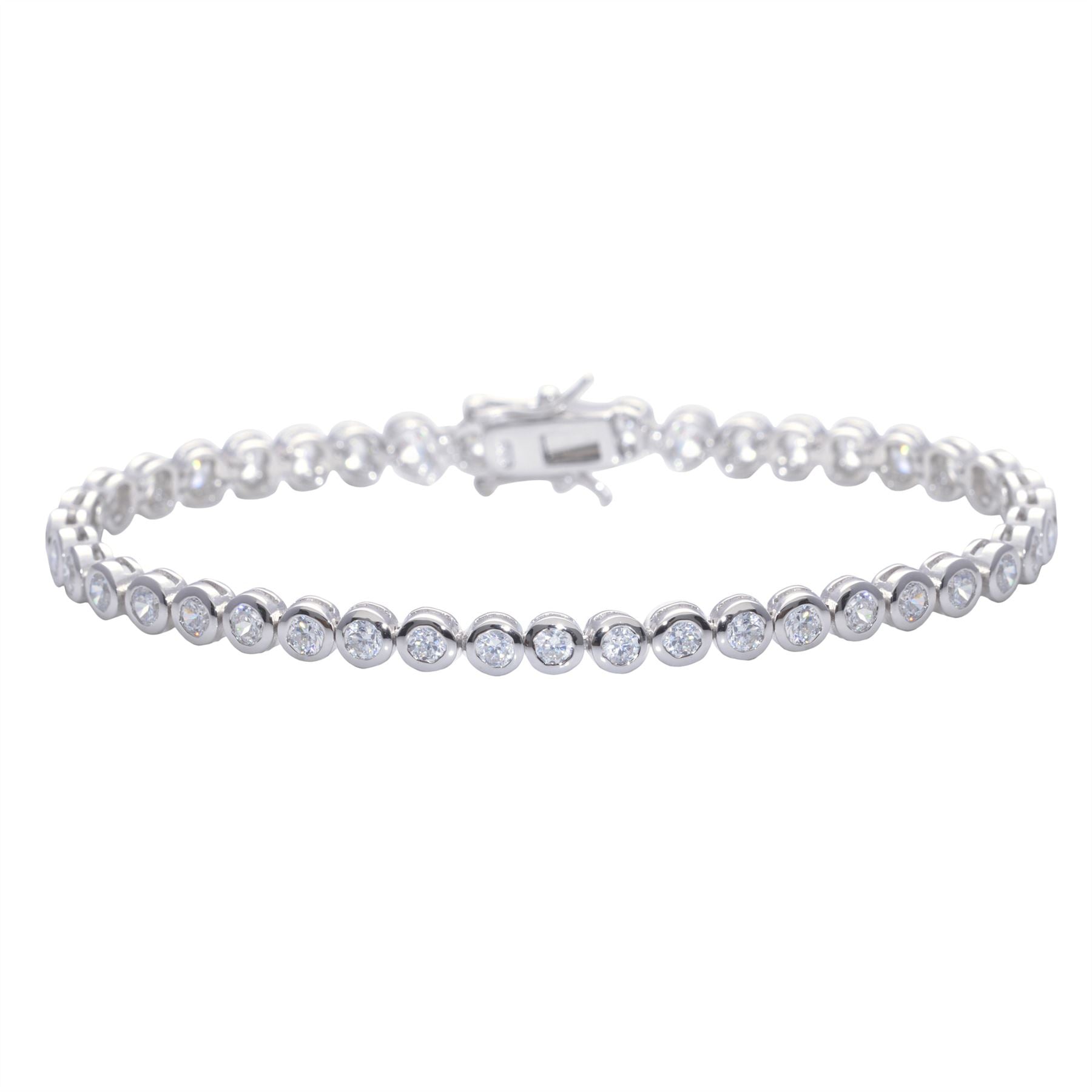 Sterling Round Cubic Zirconia Sparkly Tennis Bracelet Box Clasp