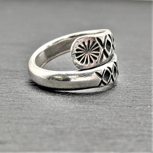 
                  
                    Karen Hill Tribe Silver Wraparound Engraved Flower Motif Ring
                  
                