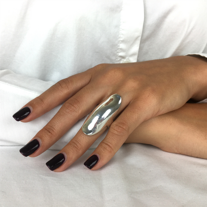Sterling silver full finger armour ring styled on hand — chunky 43mm statement piece for women