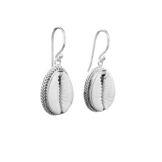 Sterling Silver Rope Framed Cowrie Shell Earrings - Natural Seashell Bali Earrings