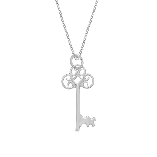 Sterling Silver Antique Filigree Key Pendant Necklace Curb Chain