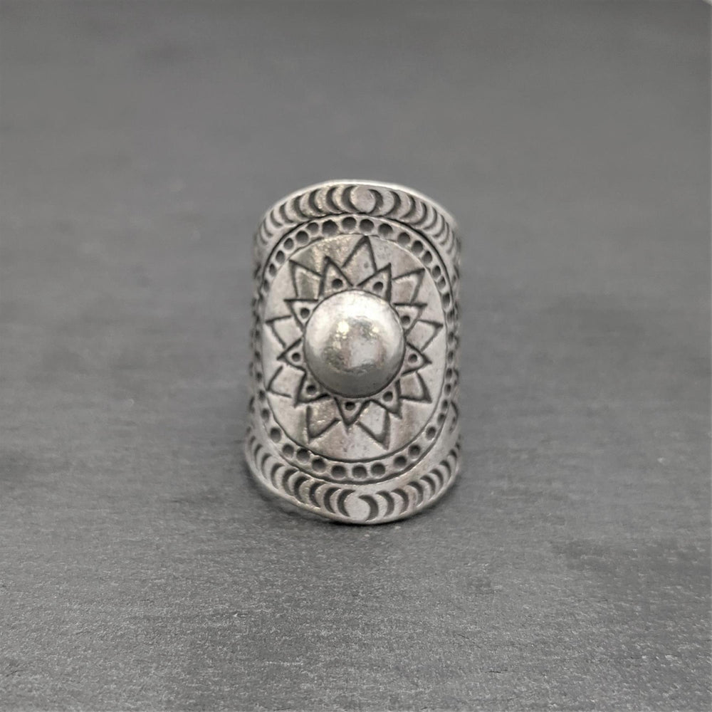 
                  
                    Karen Hill Tribe Silver Chunky Wide Sun Pattern Ring Adjustable
                  
                
