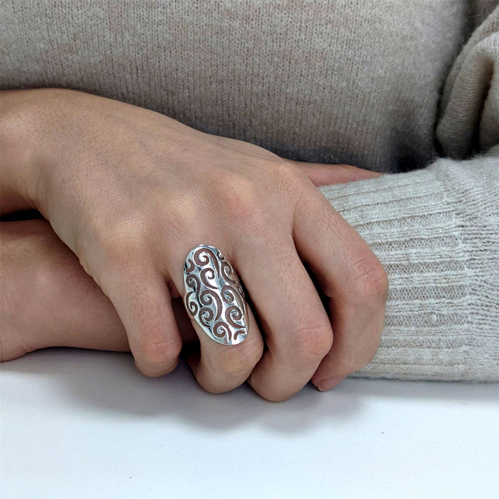 
                  
                    Sterling Silver Statement Filigree Armour Ring Spiral Cut-Out Pattern
                  
                
